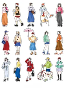 Detailed flat lay of modern girl fashion PET stickers for DIY scrapbooking and planners