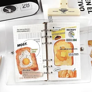 Bread-themed 6-ring transparent PVC binder notebook with grid paper and decorative stickers