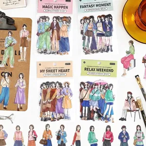 Vintage Fashion Anime Girl PET Stickers For Scrapbooking Journaling DIY Decorative Waterproof Outfits Decal Stationary Stickers