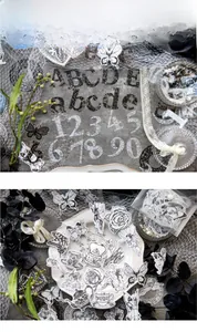 Detailed view of vintage black and white lace-style butterfly and floral stickers
