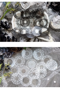 Detail of vintage mandala style hollow lace PET stickers in black and white styles
