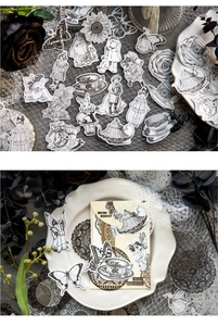 Vintage black and white DIY scrapbook stickers with Victorian figures and floral motifs