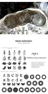 Detail of vintage scrapbooking stickers featuring butterflies, flowers and lace patterns
