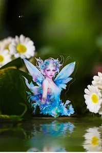 Detail of flower fairy sticker with holographic shell light effect on water surface