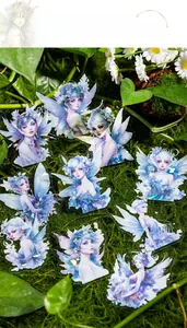 Macro detail of fairy theme stickers with shell light finish and laser glitter effect