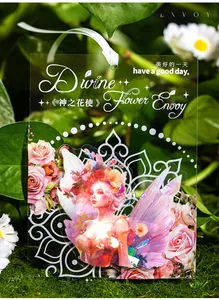 Macro view of Divine Flower Envoy fairy acrylic tag with shell-light laser texture