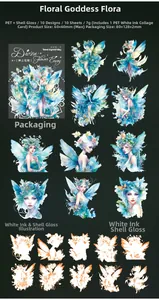 Detail of Flora Goddess series PET stickers with shell light finish and flower fairy designs