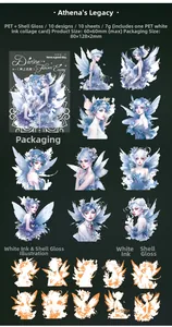 Detailed sheet of shell light PET fairy stickers with ice blue floral fantasy designs