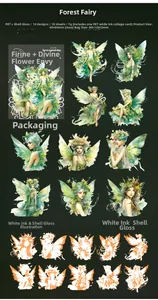 Macro detail of PET forest elf stickers with glossy shell light finish and white ink