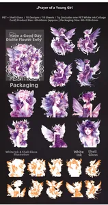 Macro detail of PET fairy stickers with shell light finish and purple floral patterns
