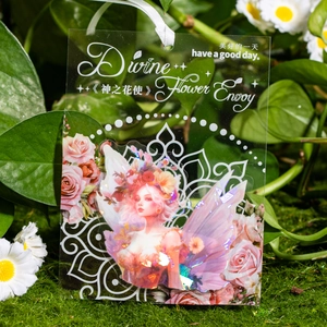 Divine Flower Envoy acrylic fairy bookmark with white ribbon and laser holographic effect