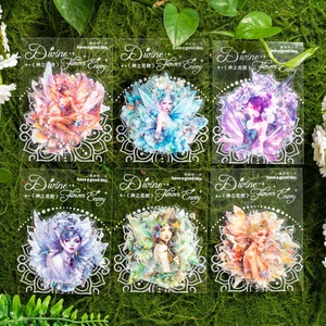 Divine Flower Envoy stickers set featuring six colorful flower fairy designs on moss