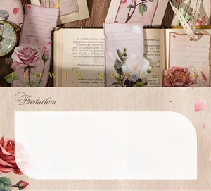 Detailed close-up of 15 vintage floral bookmarks on white card with antique books