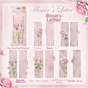 Detail showing vintage rose paper bookmarks specs: 15 pieces, white card, size 16x6.5cm
