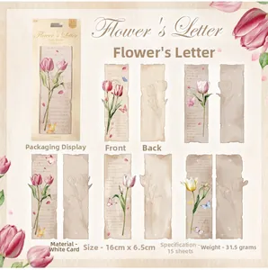 Detail of vintage tulip paper bookmarks with elegant floral motifs and letter elements