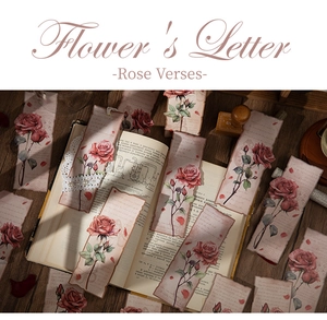 Detailed view of vintage rose bookmarks from the Flower's Letter collection on an old book