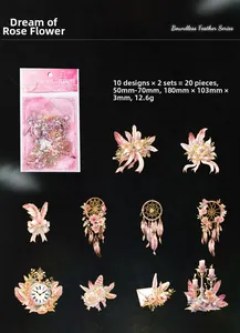 Detailed spread of pink feather and vintage clock PET laser gold stickers set