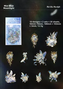 Detail of blue moonlit feathers and swan stickers with gold foil for scrapbooking