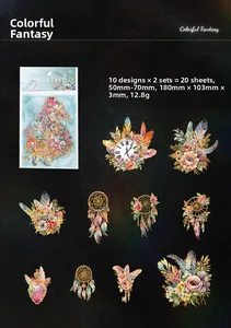 Colorful Fantasy PET sticker set featuring feathers, clocks, and vibrant floral art