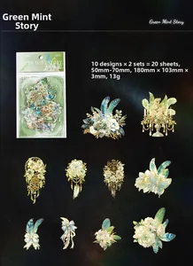Macro detail of Green Mint Story vintage laser gold stickers with feathers and flowers