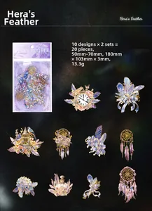 Detail view of Hera Feather PET stickers with gold laser foil and vintage designs