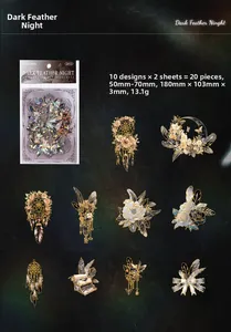 Detail view of 20pcs PET stickers featuring feathers and vintage magic patterns