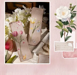 Detail of vintage floral card set with pink tulips and butterflies on premium cardstock