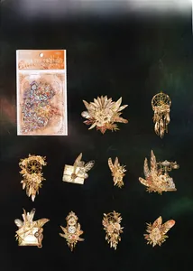 Macro detail of PET vintage stickers featuring sunflower and golden clock patterns