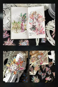 Detail of vintage PET stickers with holographic shell light finish and feather motifs