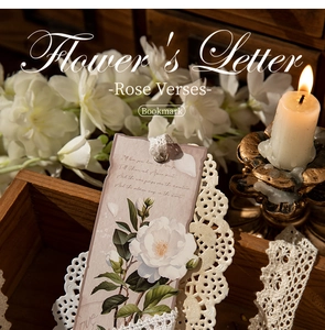 Vintage rectangular flower bookmark with white camellia illustration and lace detail