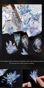 Detail of PET laser stickers with swan and floral patterns on transparent backing
