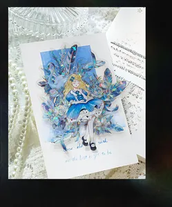 Detail of PET feather series sticker with girl illustration and iridescent shell light effect