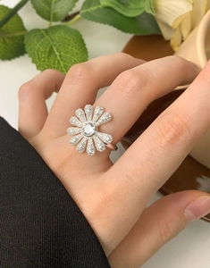 Macro shot of a S925 sterling silver daisy ring with micro-paved sparkling zircon stones
