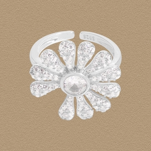 S925 Sterling Silver Daisy Flower Open Ring For Women Elegant Rhinestone Inlaid Adjustable Finger Ring Jewelry Accessories