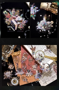 Detailed macro view of vintage holographic PET stickers featuring feathers and classic motifs