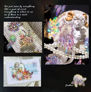 Detail of vintage laser gold PET stickers featuring dreamcatchers and floral patterns