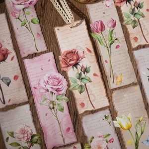 Vintage floral bookmarks set with irregular paper shapes and elegant lace ribbons