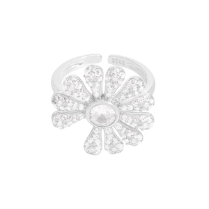 Sparkling S925 sterling silver daisy ring featuring white zircon pave-set petals and open band