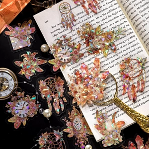 Iridescent PET feather stickers with vintage clocks and butterflies for journaling