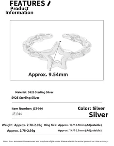 Macro detail of S925 sterling silver star ring with chain band and product measurements