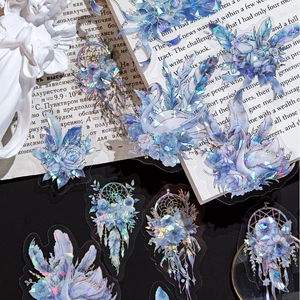 Holographic PET feather and swan stickers for scrapbooking and artistic DIY decoration