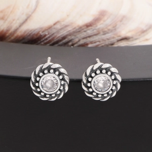 Vintage 925 sterling silver twist stud earrings with round cubic zirconia center