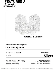 Detailed S925 sterling silver wide hollow lace ring specifications and dimensions chart