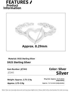 Macro shot of S925 sterling silver heart ring with chain-link band and dimensions