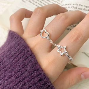 S925 sterling silver star and heart chain ring with elegant interconnected link design