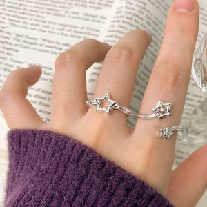 S925 sterling silver star rings set featuring hollow woven band and crystal star designs