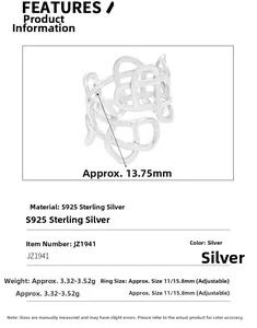 Detail of S925 sterling silver hollow heart ring with 13.75mm width and size info