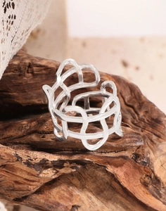 Detail of S925 sterling silver wide band ring with intricate hollow woven interlocking design