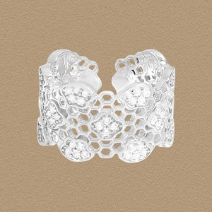 925 Sterling Silver Wide Hollow Honeycomb Lace Open Ring For Women Vintage Grid Floral Rhinestone Adjustable Finger Jewelry