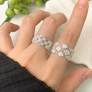 S925 sterling silver lattice lace mesh ring with sparkling zircon inlays for women